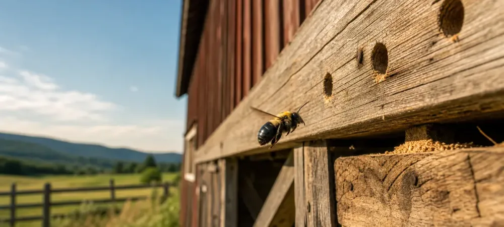 Carpenter bee going into a barn