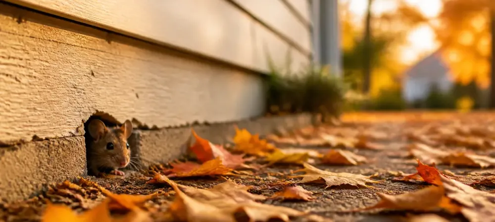 mouse peeking out of the basement in the fall
