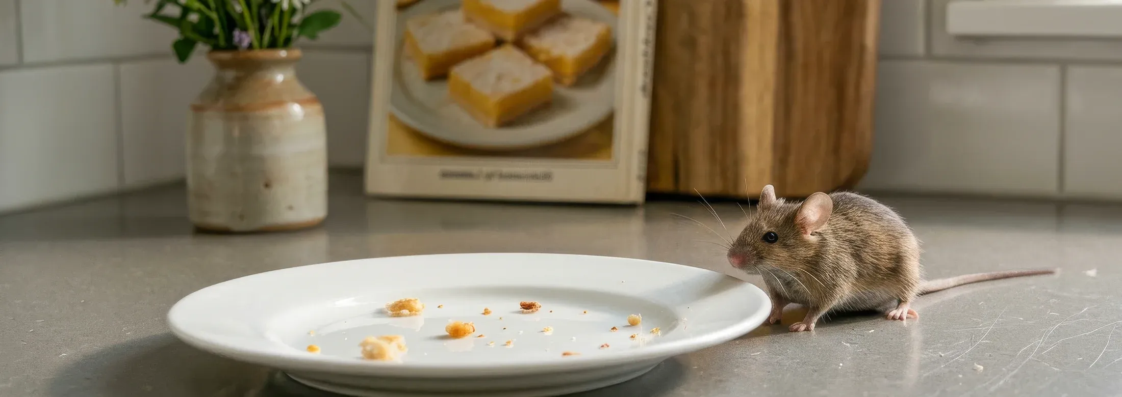mouse on a countertop in kitchen eating crumbs on plate