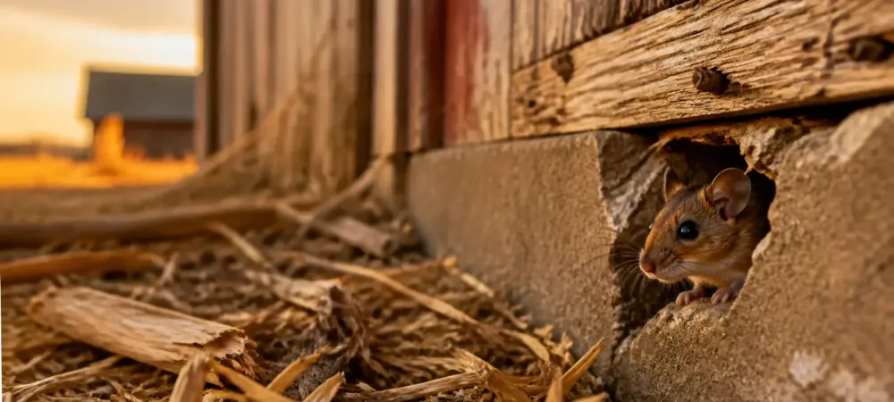 mouse poking his head of the barn