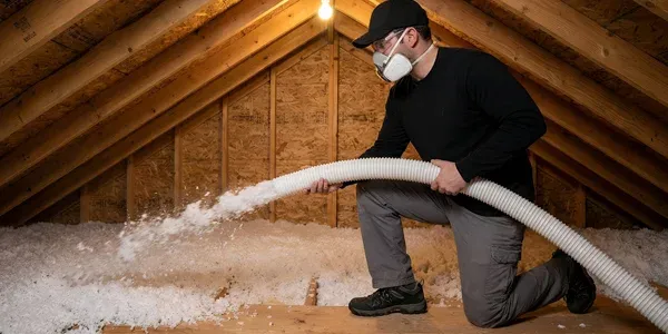 technician spraying insulation in an attic
