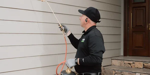 technician spraying exterior of house